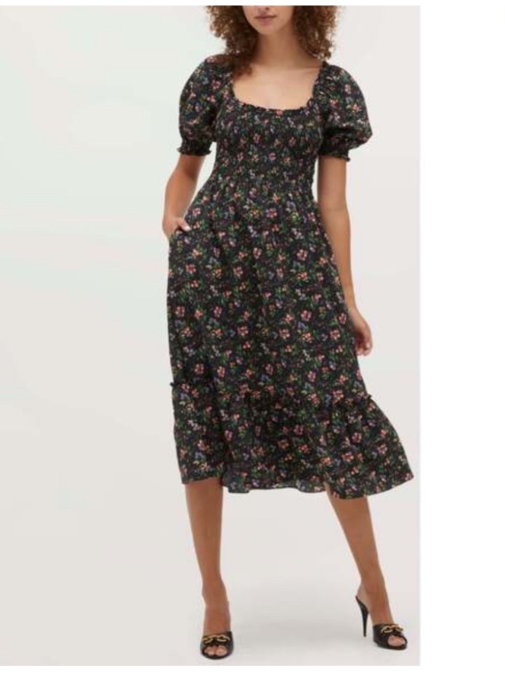 HILL HOUSE HOME Louisa Nap Multi Berry Crepe Floral Black Midi Dress Size L